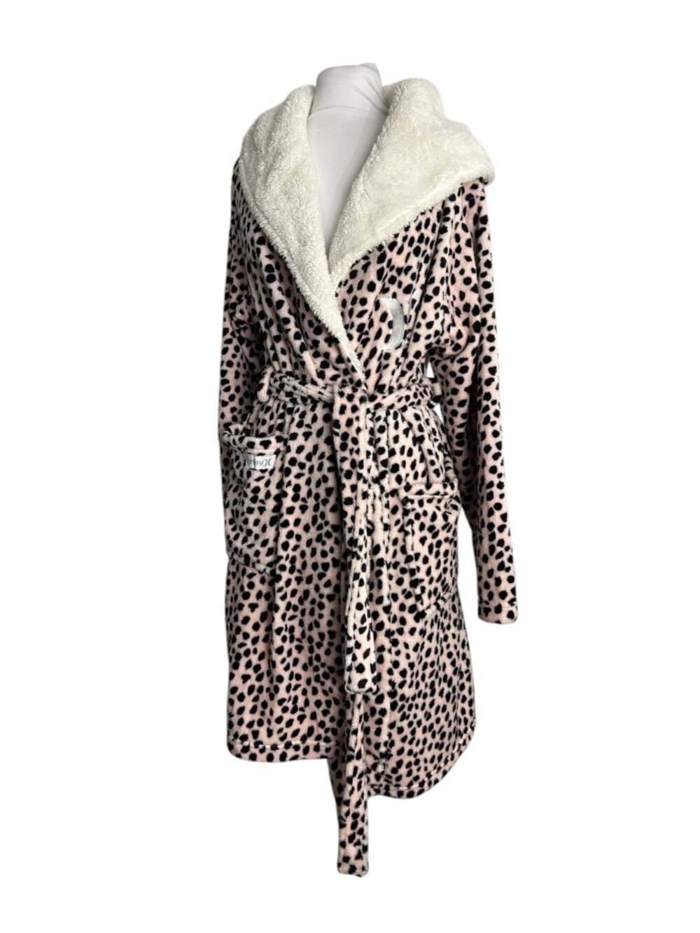 Hurley Plush Leopard Print Robe Size XL Pink Black Hood Pockets Belted Cozy